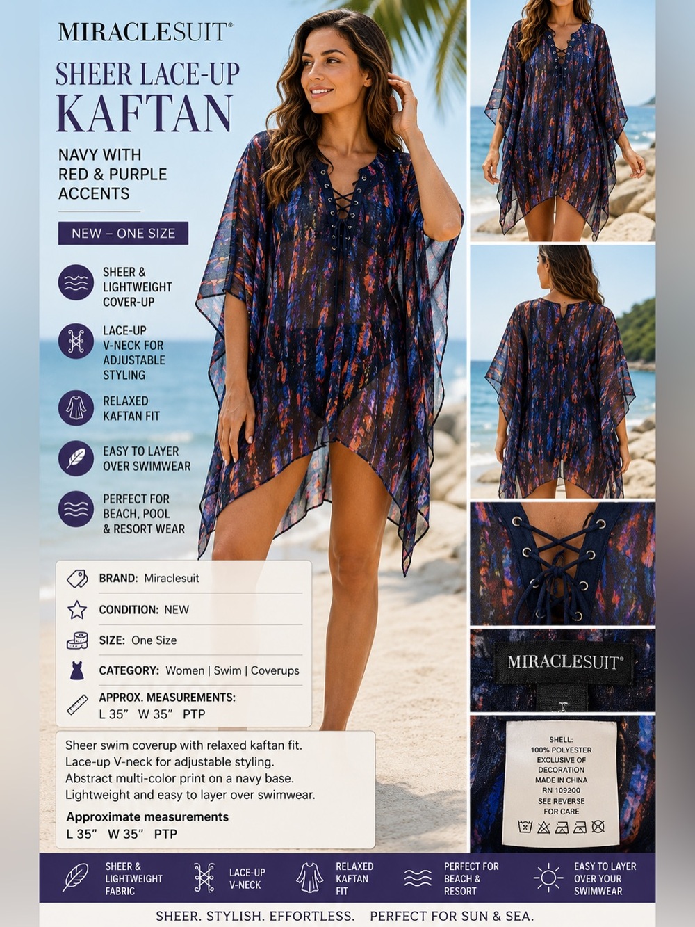 Miraclesuit Navy Sheer Lace-Up Kaftan with Red & Purple Accents NEW One Size